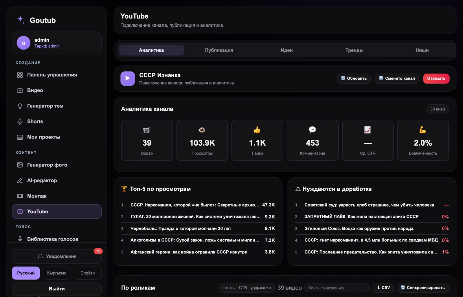 Раздел YouTube в Goutub: подключённый канал и статистика
